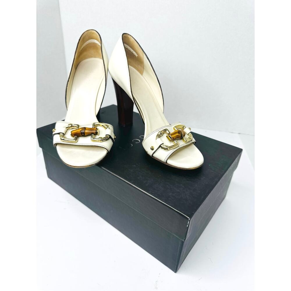 Gucci Ivory Leather Bamboo Horsebit Open Toe Pumps Women Mule Heel Size 6B - Picture 3 of 10